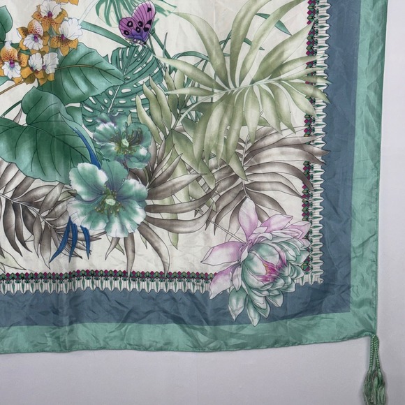 Johnny Was Silk Scarf Butterflies Floral Tropical Print Blue Green Tassels - Picture 3 of 9
